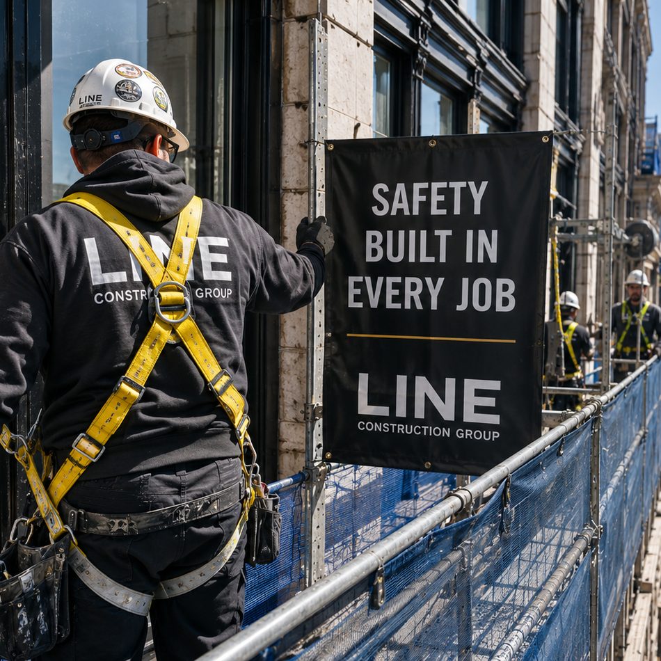LINE Construction Group crew member in a full safety harness on suspended scaffolding, beside a Safety Built In Every Job banner